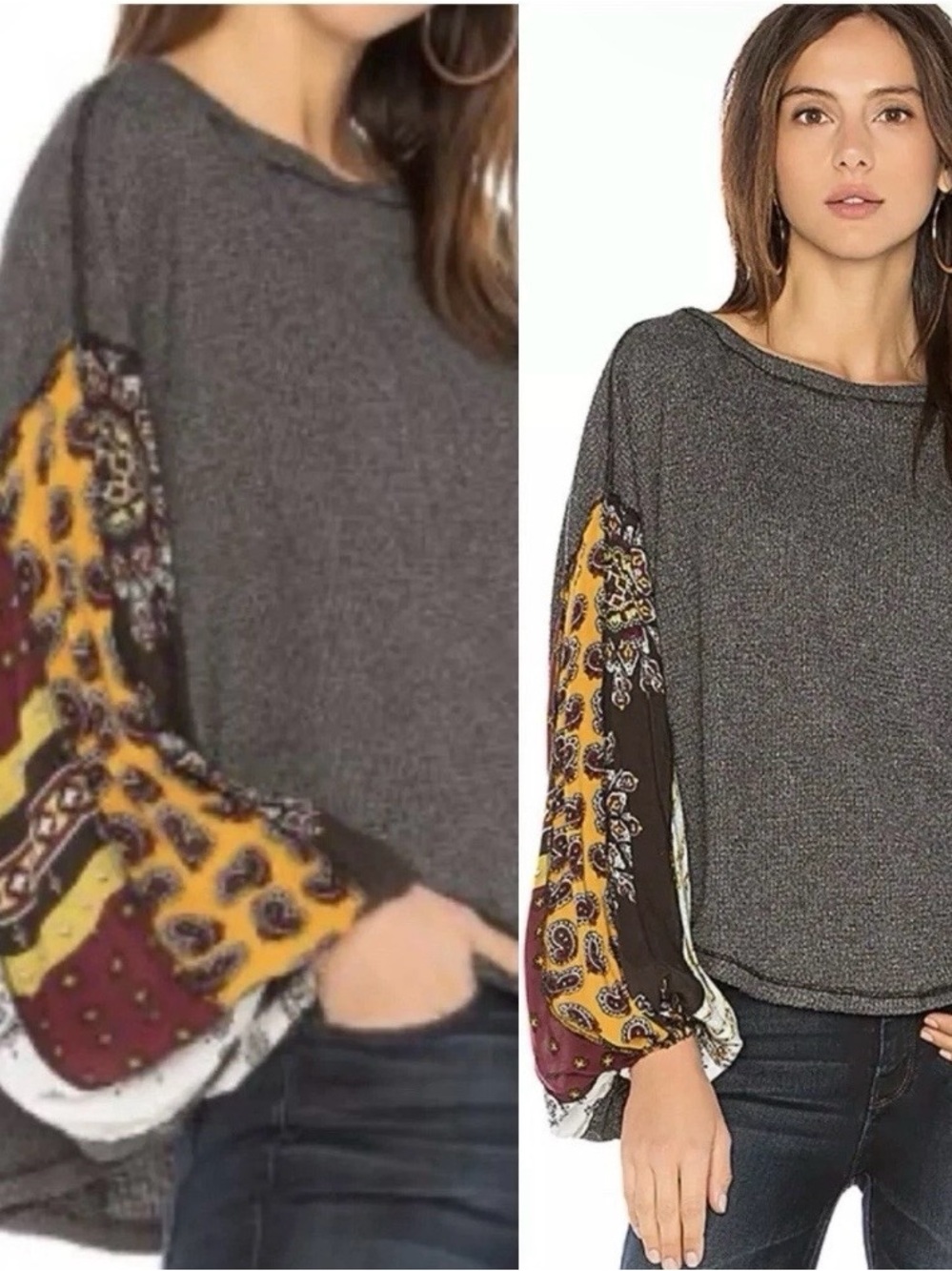 Free People We The Free Blossom Thermal Top Gray Boho Balloon Sleeve